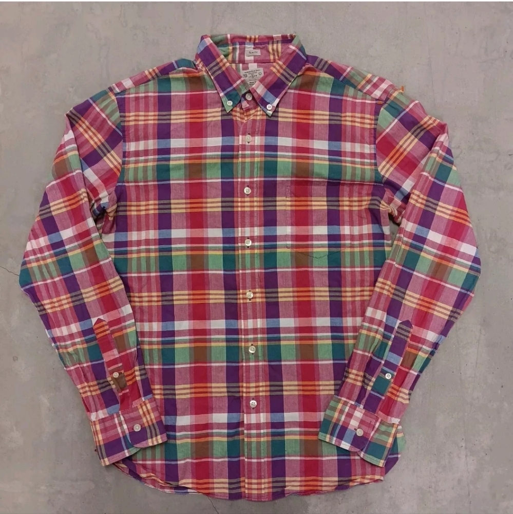 J Crew Shirt Mens Large Summer Plaid Slim Fit Long Sleeve Button Up Bright